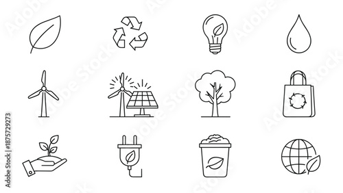 A set of icons representing environmentalism and sustainability, including leaves, recycling, wind turbines, and solar panels.