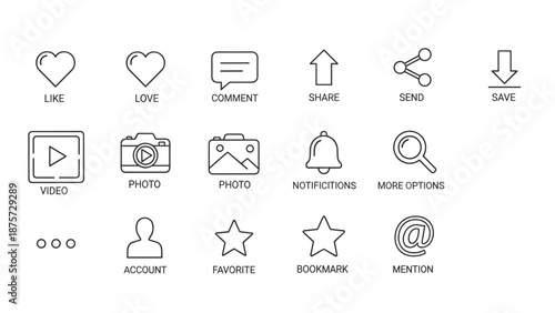 A grid of social media and interface icons, including like, love, comment, share, video, photo, and notifications.