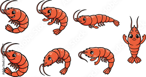 vector illustration of shrimp funny cute cartoon mascot character cartoon with 7 poses 01