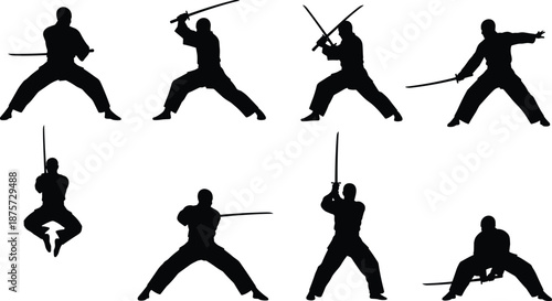 Martial arts sword silhouettes in combat stances, katana poses, traditional Japanese swordsmanship, dynamic action and discipline