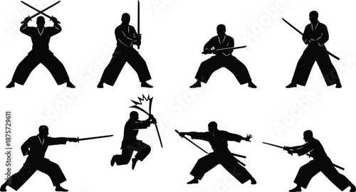 Martial arts sword silhouettes in dynamic poses, katanas clashing, jumping, striking, blocking, traditional combat illustration, warrior discipline
