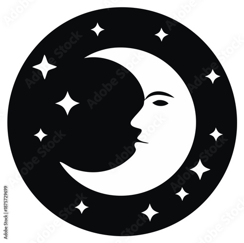Celestial icon of a crescent moon with a face surrounded by stars in a black and white vector illustration
