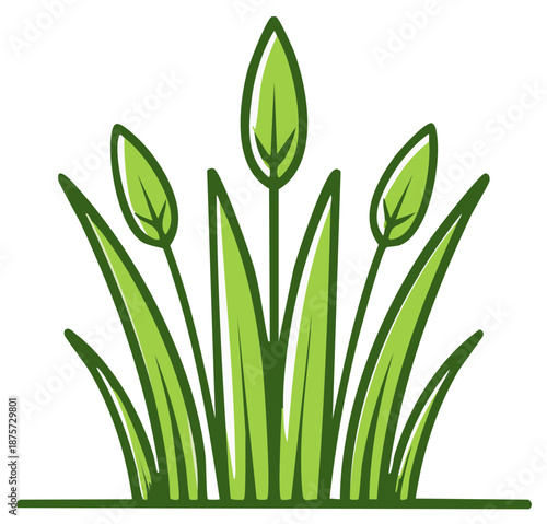 Abstract green grass stalks with leaves and a simple green outline, representing nature and growth