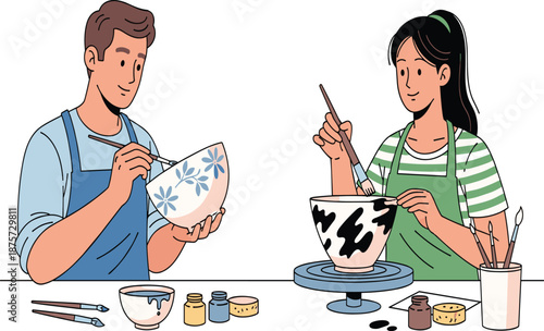 Hand painting ceramic bowls, pottery workshop, artisan craft, traditional design, creative process, brushwork, handmade art, cultural expression, DIY activity