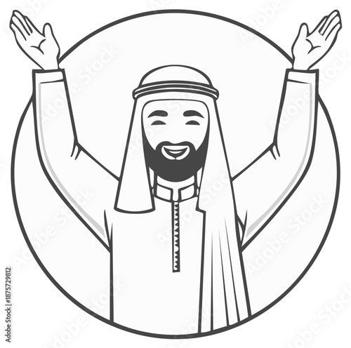 Happy arab man wearing traditional dress with open arms in a circle line art