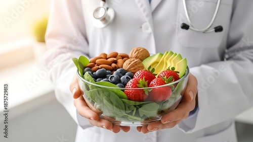 Doctor Holding Healthy Fresh Fruit Bowl.