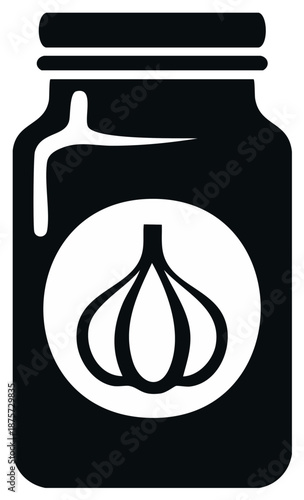 Garlic clove preservation in a jar, monochrome kitchen ingredient illustration