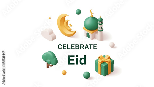 Eid Celebration: A vibrant visual encapsulates the spirit of Eid, with a gleaming crescent moon, traditional mosque.