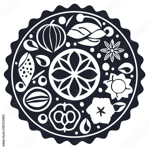 Circular folk art ornament with stylized fruits flowers and spices