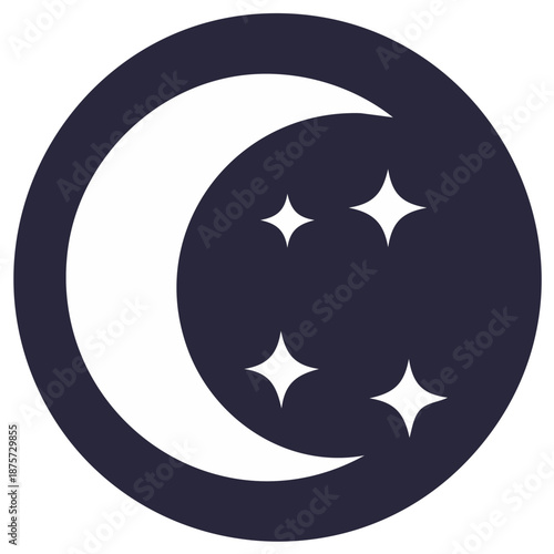 Stylized White Moon and Stars in Dark Blue Circle Nighttime Icon Design