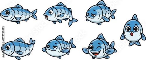 vector illustration of sardine fish funny cute cartoon mascot character cartoon with 7 poses 02