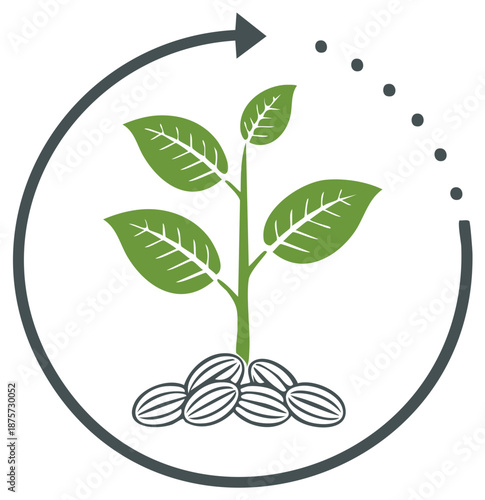 Cycle of nature with a green plant, sprout, growing in an arrow-enclosed circle.