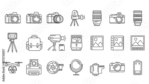 A collection of photography and videography icons, including cameras, lenses, tripods, and drones.