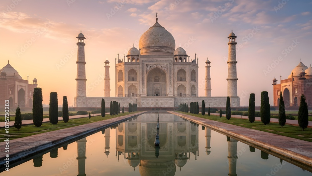 Fototapeta premium Iconic Taj Mahal in India at dusk with a warm orange sky, reflecting in the calm water pool, showcasing architectural beauty and historical grandeur