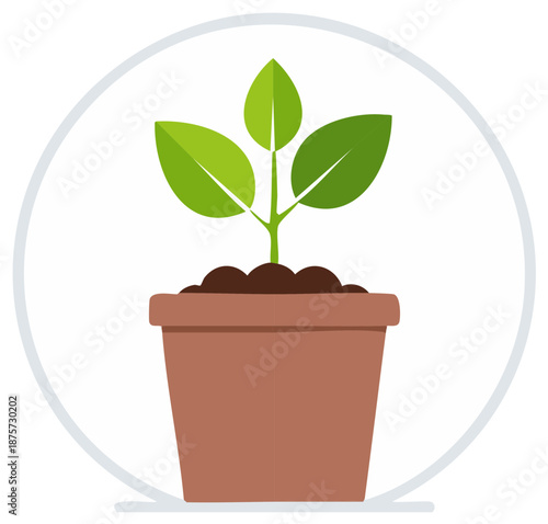 Fresh green plant seedling with three leaves growing in a brown pot flat design vector