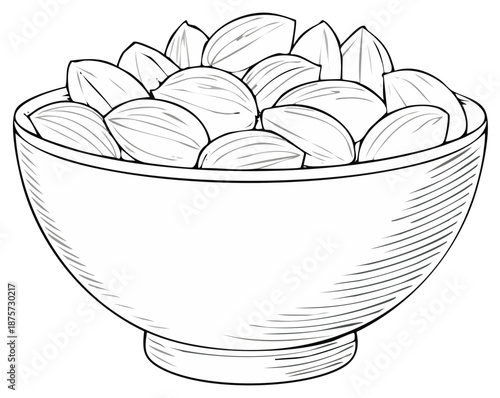Hand drawn illustration of a bowl filled with almonds in a vintage sketch style