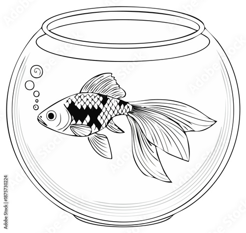 Black and white drawing of a goldfish swimming in a round fishbowl with bubbles