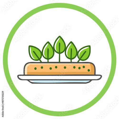 Healthy food icon with fresh microgreens growing from a loaf on a plate