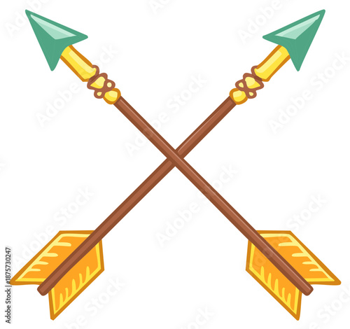 Two crossed tribal style arrows with green tips cartoon illustration