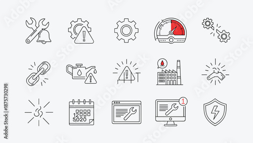 Icons related to technical issues and maintenance, including wrenches, gears, warnings, and error messages.