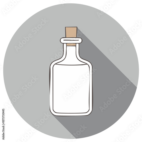 Stylized illustration of a clear glass bottle with a cork stopper and liquid inside