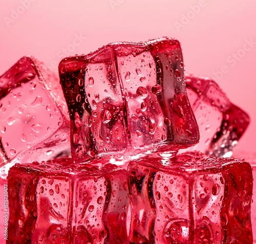 Crystal Clear Ice Cubes with Water Droplets in Pink Neon Light