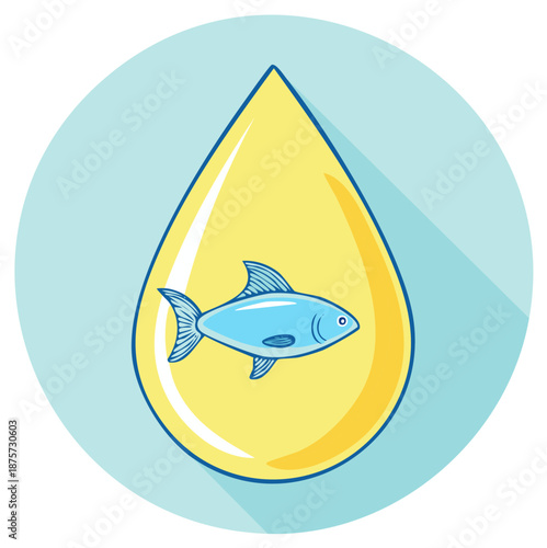 Blue fish inside golden oil drop representing omega 3 fatty acids illustration