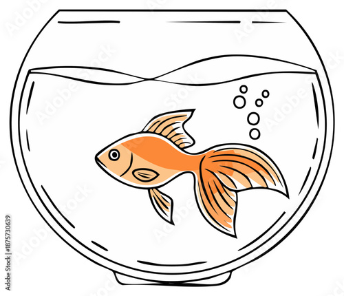 Simple illustration of an orange goldfish swimming in a clear glass bowl with bubbles