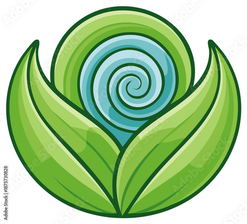 Abstract floral design with spiral center and green leaves