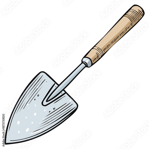 Hand drawn cartoon garden trowel with wooden handle and metal blade for planting and horticulture