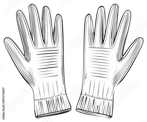 Pair of protective work gloves drawing in black and white line art with textured details offering hand safety and protection