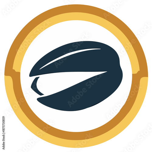 Geometric logo of a seed shape inside of a circular frame in dark blue and gold.