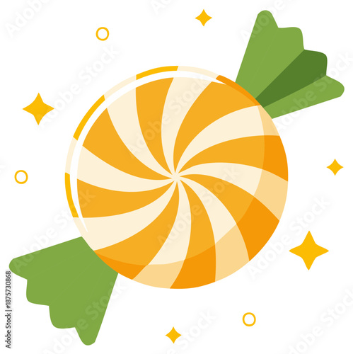 Sweet Candy Wrapped with Swirl Design and Twister Ends Decorated with Stars and Circles Cartoon Illustration