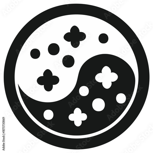 Ornate Yin Yang symbol with sparkles and dots representing balance and harmony spiritual icon