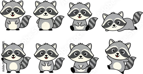 vector illustration of racoon funny cute cartoon mascot character cartoon with 8 poses 02