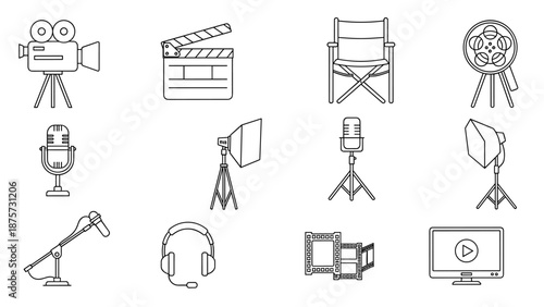 A collection of film and video production icons, including cameras, microphones, and editing equipment.
