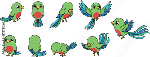 vector illustration of quetzal bird funny cute cartoon mascot character cartoon with 9 poses 