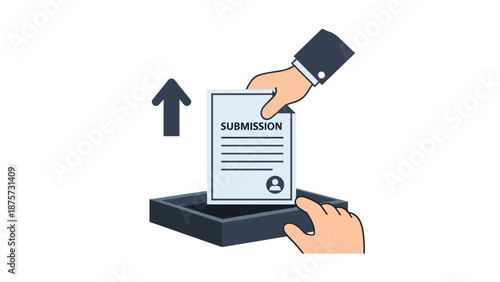 An illustration of a hand submitting a document, symbolizing document submission and process completion.