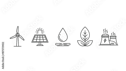 Icons representing renewable energy sources, including wind turbines, solar panels, and water.