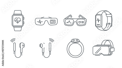 Icons representing wearable technology and health monitoring devices, including smartwatches and VR headsets.