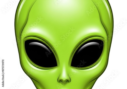 Closeup of a green alien face with large black eyes and a smooth head, isolated on white background
