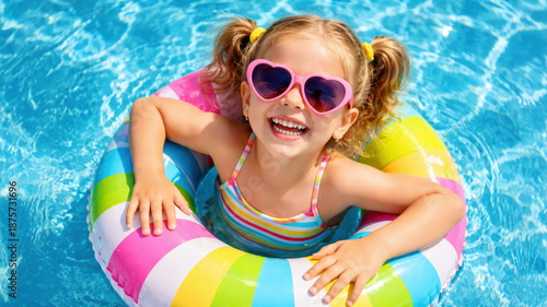 Happy little girl with heart-shaped sunglasses swimming in pool with colorful inflatable ring on sunny summer day