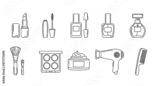 A collection of beauty and cosmetic icons, including lipstick, mascara, nail polish, and a hairdryer.