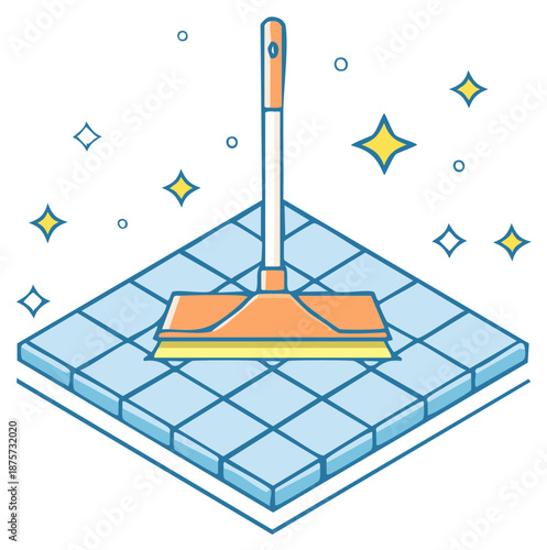 Cartoon squeegee mop making a blue tiled floor sparkling clean illustration