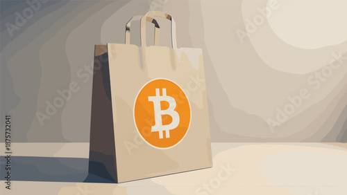 A shopping bag with a Bitcoin logo, symbolizing cryptocurrency payments and online shopping.