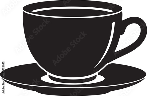 A black and white image of a teacup on a saucer