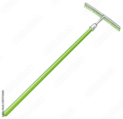 Green rake with metal tines for gardening, lawn care and landscaping. Garden tool isolated.