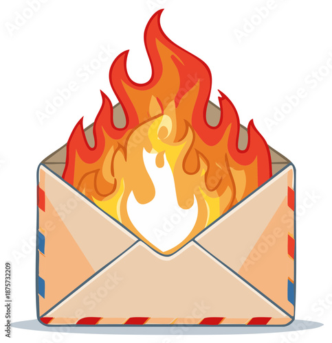 Urgent message concept with burning letter envelope and bright flames