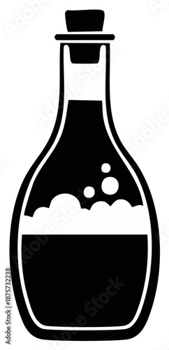 Simple black silhouette icon of a bubbling potion in a vintage glass bottle with a cork