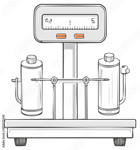 Illustrated digital scale with two hanging containers for scientific laboratory measurement